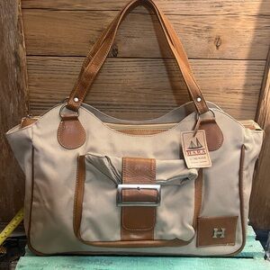 RARE HARA XL Genuine Leather and Canvas Tan/ Brown Women's Shoulder Bag- NEW